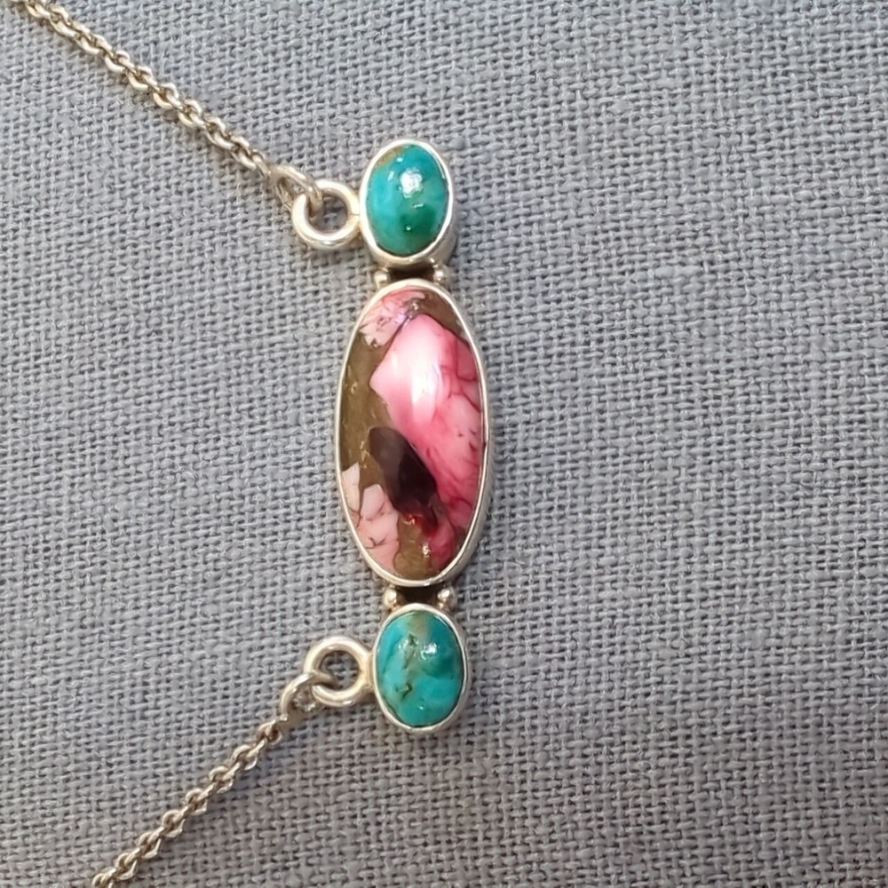 Southwest Red Dahlia Mohave Turquoise Sterling Silver Bar Necklace - Picture 3 of 9